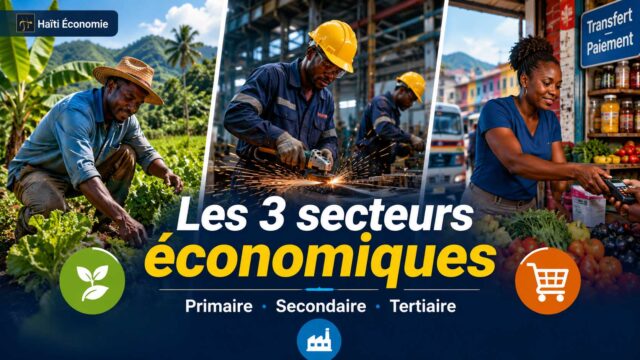 Illustration des trois secteurs économiques en Haïti : agriculture pour le secteur primaire, industrie pour le secteur secondaire et commerce pour le secteur tertiaire.