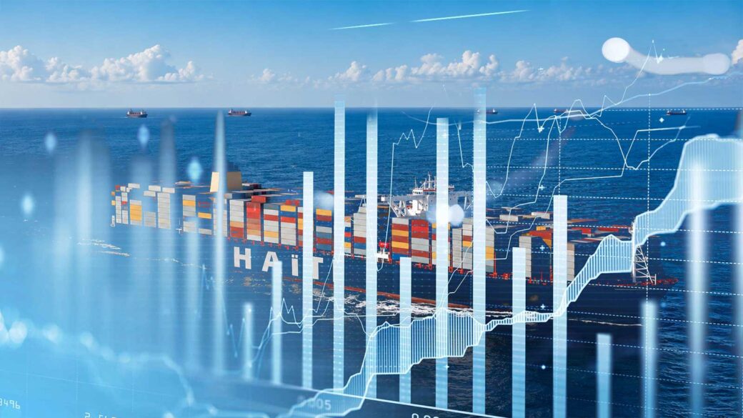 Porte-conteneurs représentant le commerce extérieur d’Haïti avec graphiques économiques en surimpression