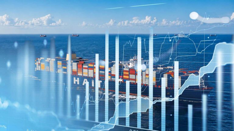 Porte-conteneurs représentant le commerce extérieur d’Haïti avec graphiques économiques en surimpression