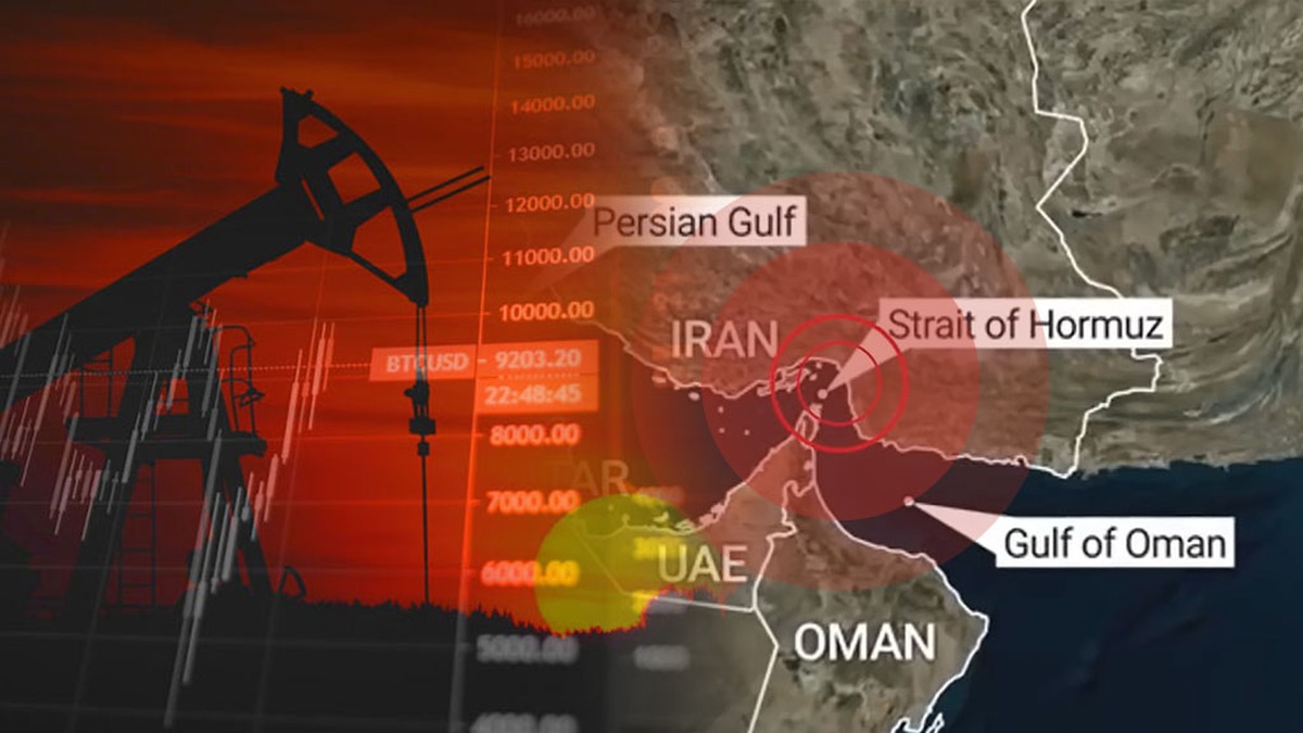 Illustration du détroit d’Hormuz avec carte du Golfe persique, pompe pétrolière et graphiques financiers.