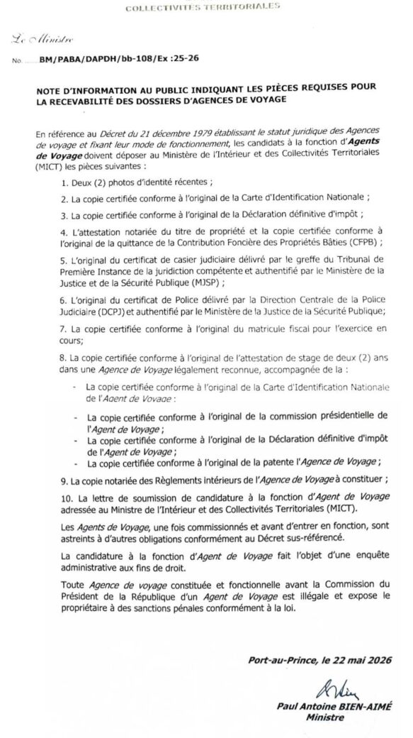 Une note d’information du MICT fixe une liste de pièces requises pour la recevabilité des dossiers d’agences de voyage.
