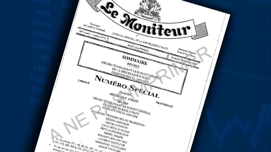 Page du journal officiel Le Moniteur présentant le décret du budget général d’Haïti pour l’exercice 2025-2026.