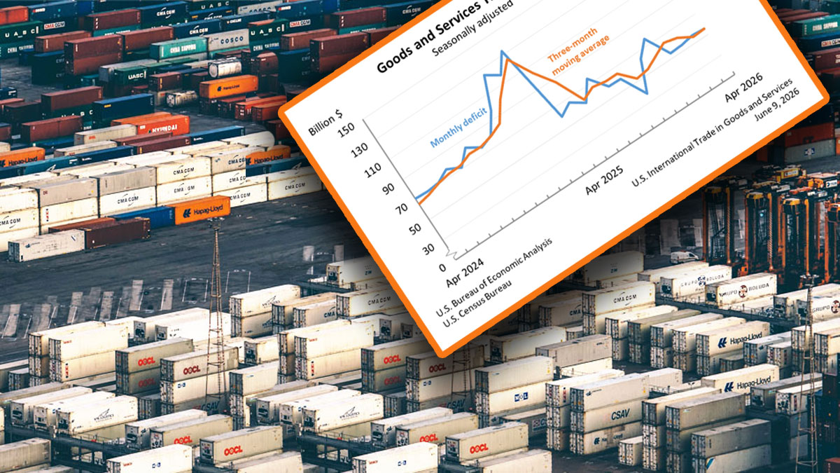 Conteneurs dans un port avec un graphique du commerce extérieur américain, illustrant le déficit commercial des États-Unis.