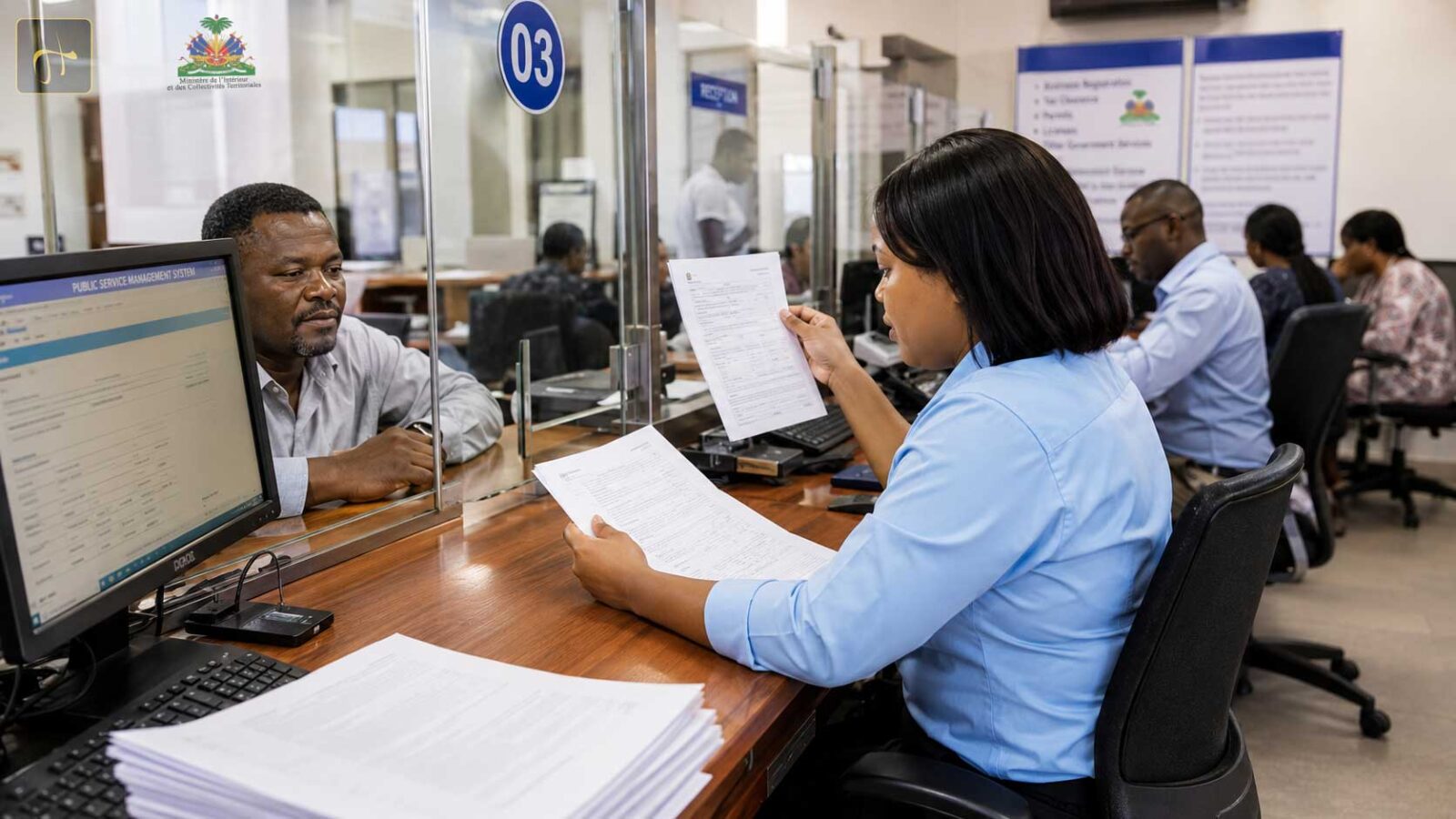 Une employée et un usager dans un bureau administratif traitent des documents officiels à un comptoir de service.