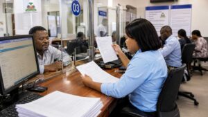 Une employée et un usager dans un bureau administratif traitent des documents officiels à un comptoir de service.