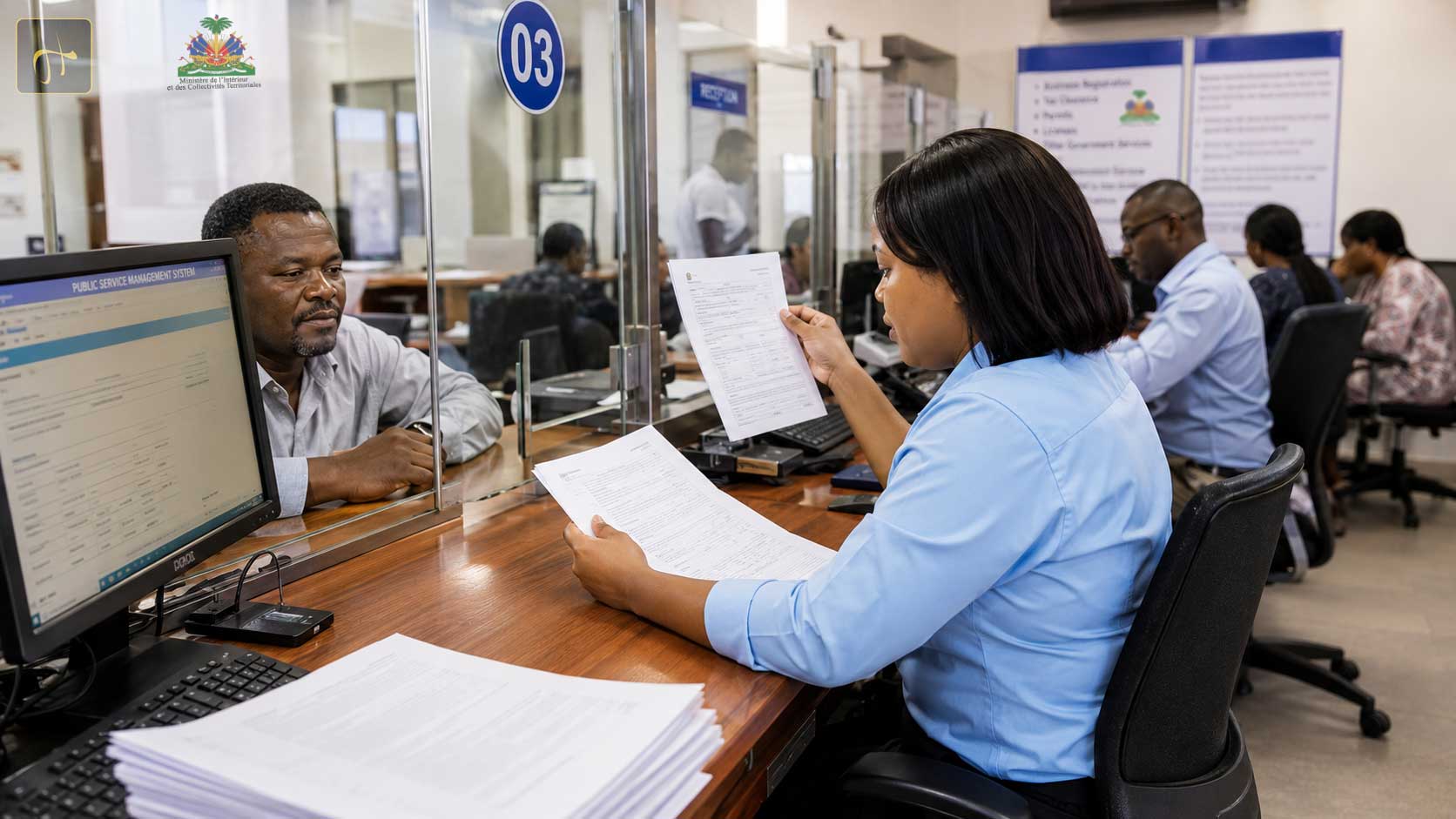 Une employée et un usager dans un bureau administratif traitent des documents officiels à un comptoir de service.
