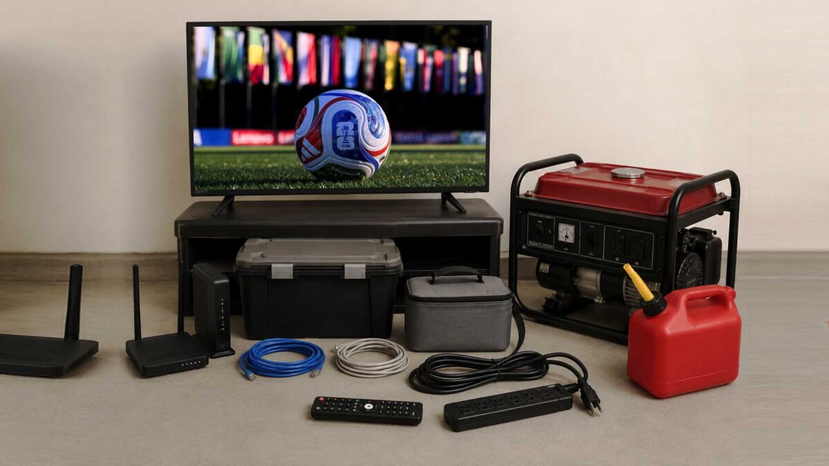 Kit audiovisuel composé d’une télévision, d’une génératrice, d’un bidon de carburant, de routeurs internet, de câbles et d’accessoires pour suivre les matchs du Mondial.