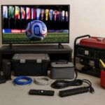 Kit audiovisuel composé d’une télévision, d’une génératrice, d’un bidon de carburant, de routeurs internet, de câbles et d’accessoires pour suivre les matchs du Mondial.