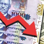 Billets de gourdes haïtiennes et dollars américains avec une flèche rouge descendante illustrant la baisse du pouvoir d’achat en Haïti.