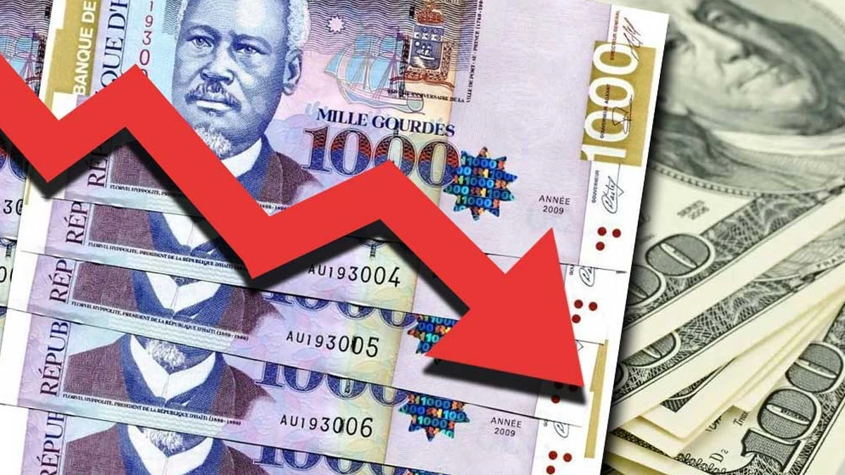 Billets de gourdes haïtiennes et dollars américains avec une flèche rouge descendante illustrant la baisse du pouvoir d’achat en Haïti.