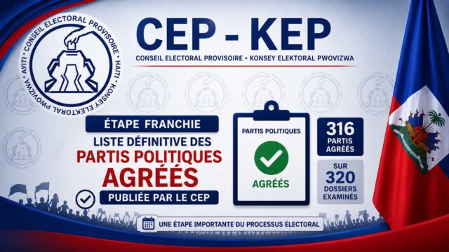Illustration du CEP annonçant la publication de la liste définitive des partis politiques agréés, avec 316 partis validés sur 320 dossiers examinés.