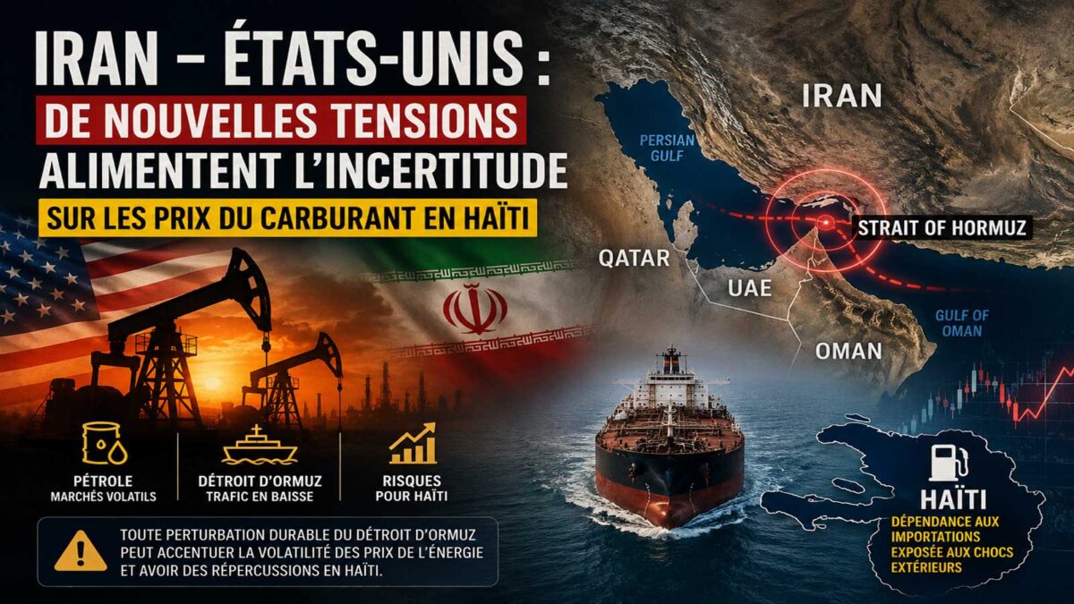 Illustration montrant le détroit d'Ormuz, un pétrolier, des installations pétrolières et les drapeaux de l'Iran et des États-Unis, illustrant les risques du conflit sur les prix de l'énergie et le carburant en Haïti.
