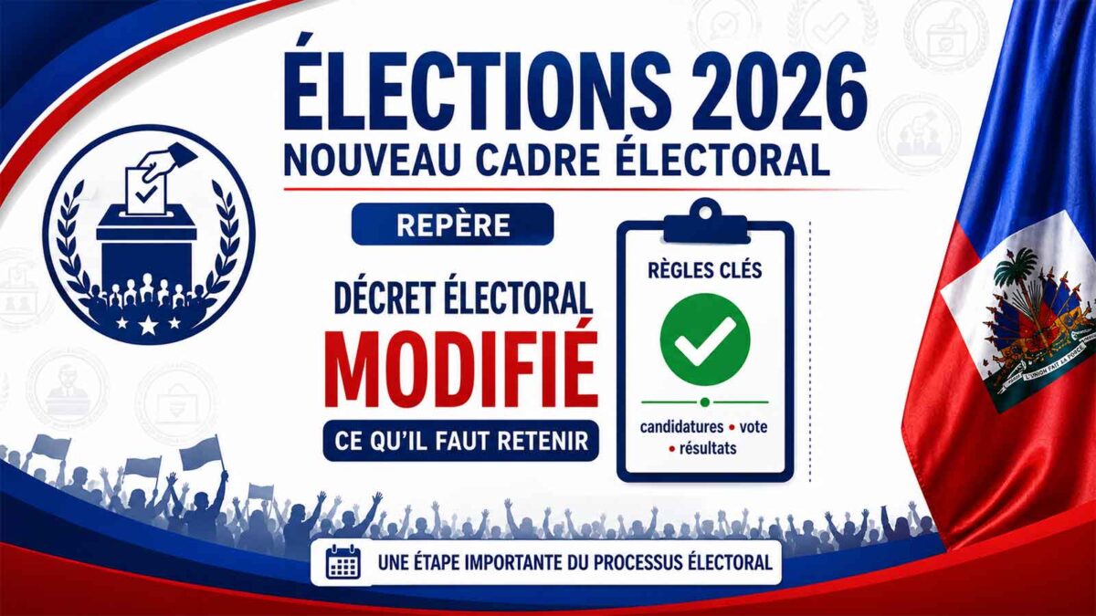 Illustration sur le décret électoral modifié de 2026 en Haïti, avec une urne, le drapeau haïtien et les principales règles du processus électoral.