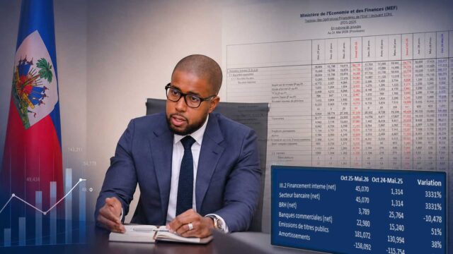 Illustration montrant un responsable assis à un bureau devant le drapeau haïtien, avec en arrière-plan un tableau des opérations financières de l’État et des éléments graphiques sur le financement du Trésor.