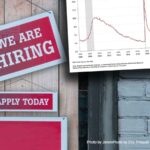Panneau “We are hiring” accompagné d’un graphique illustrant l’évolution du chômage aux États-Unis