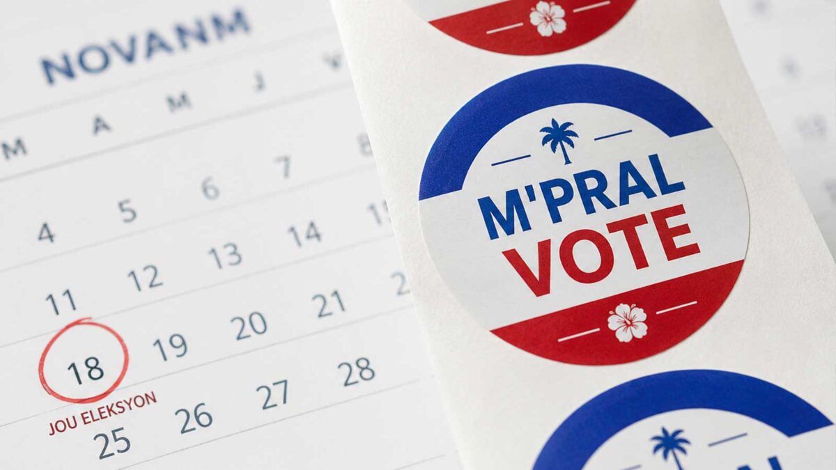 Autocollants « M’pral Vote » aux couleurs d’Haïti posés sur un calendrier avec une date d’élection entourée.