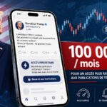 Illustration de Donald Trump, d’un téléphone affichant une publication et de graphiques financiers, avec la mention « 100 000 $ par mois ».
