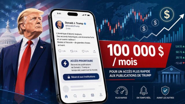 Illustration de Donald Trump, d’un téléphone affichant une publication et de graphiques financiers, avec la mention « 100 000 $ par mois ».