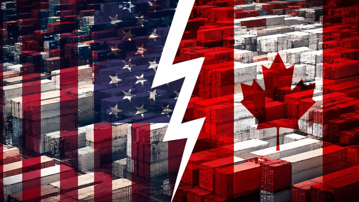 Conteneurs aux couleurs du Canada et des États-Unis séparés par une fracture, illustrant la guerre commerciale entre les deux pays.