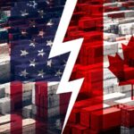 Conteneurs aux couleurs du Canada et des États-Unis séparés par une fracture, illustrant la guerre commerciale entre les deux pays.