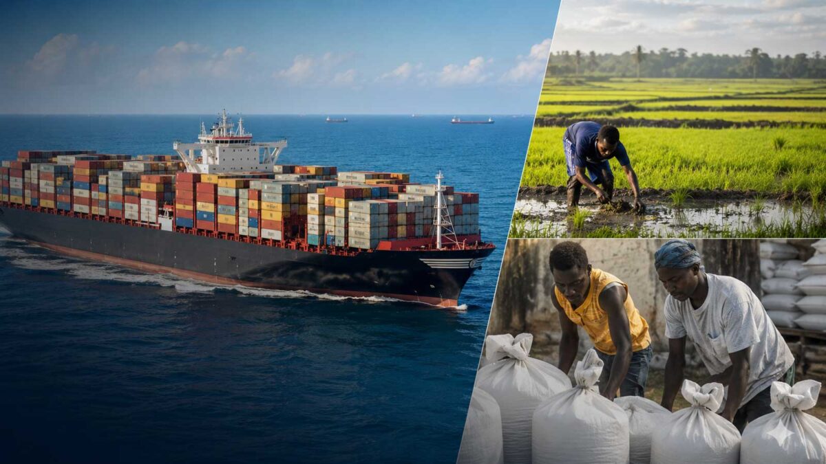Montage montrant un porte-conteneurs en mer, un agriculteur dans une rizière et des travailleurs manipulant des sacs de riz, pour illustrer le lien entre commerce extérieur, importations et production agricole en Haïti.