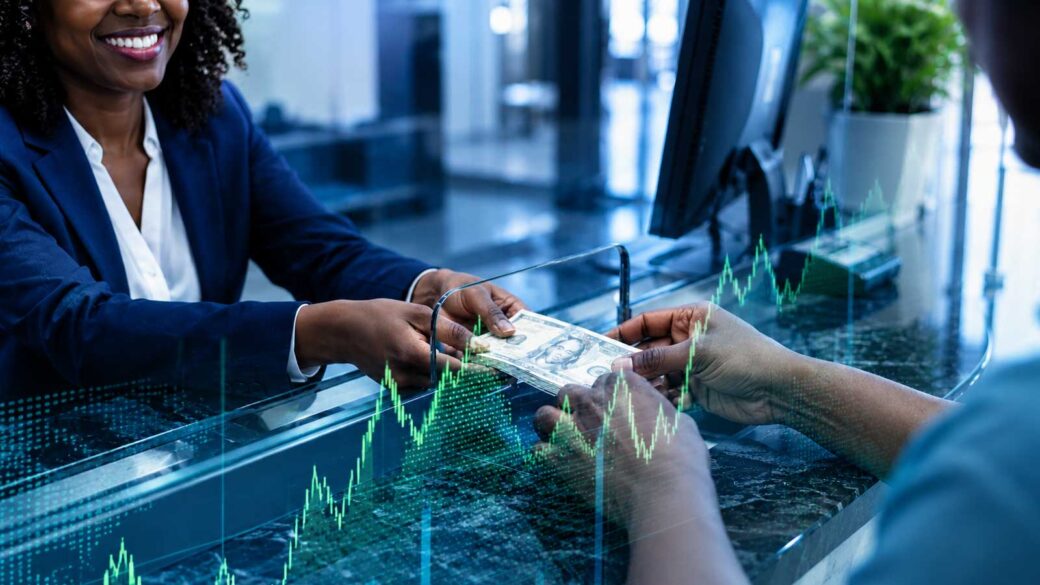 Une agente remet de l’argent à un client à un comptoir, avec un graphique financier en arrière-plan, pour illustrer les transferts de fonds vers Haïti.