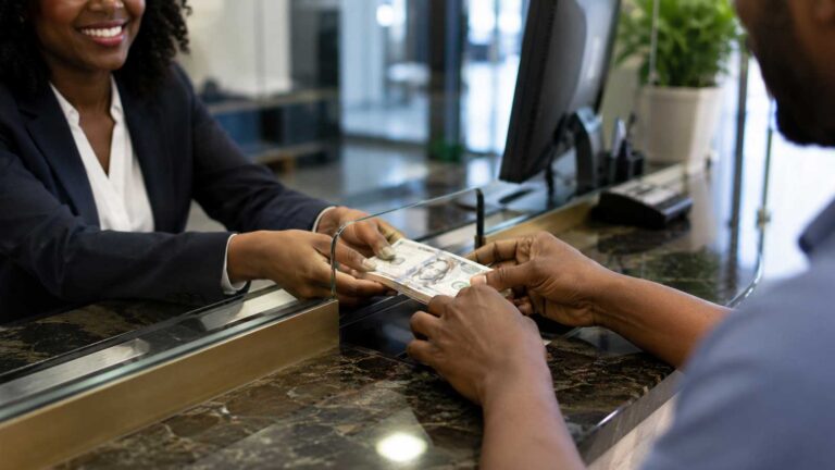 Une cliente et une employée effectuent un transfert d’argent en dollars à un comptoir.