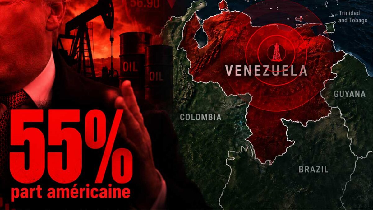 Donald Trump devant une carte du Venezuela, avec des installations pétrolières et la mention de 65 milliards de barils liés à l’accord pétrolier entre les États-Unis et le Venezuela.