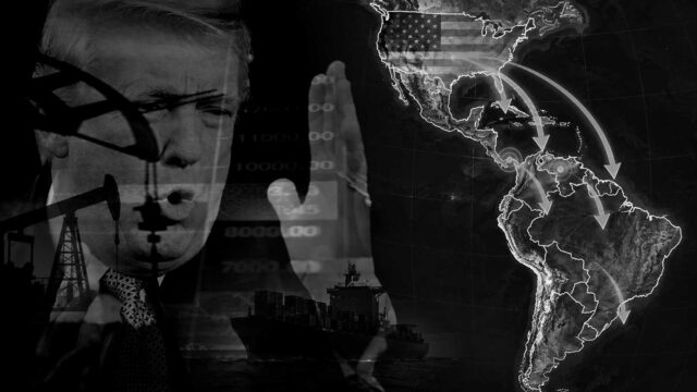 Donald Trump devant une carte des Amériques illustrant la stratégie géopolitique et énergétique des États-Unis.