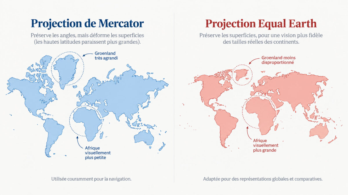 Comparaison visuelle entre la projection de Mercator et la projection Equal Earth, montrant comment la taille apparente de l’Afrique et du Groenland change selon la carte utilisée.