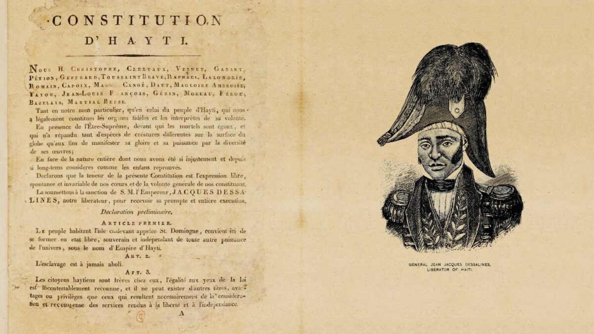 Illustration associant Jean-Jacques Dessalines à la première page de la Constitution d’Hayti de 1805.